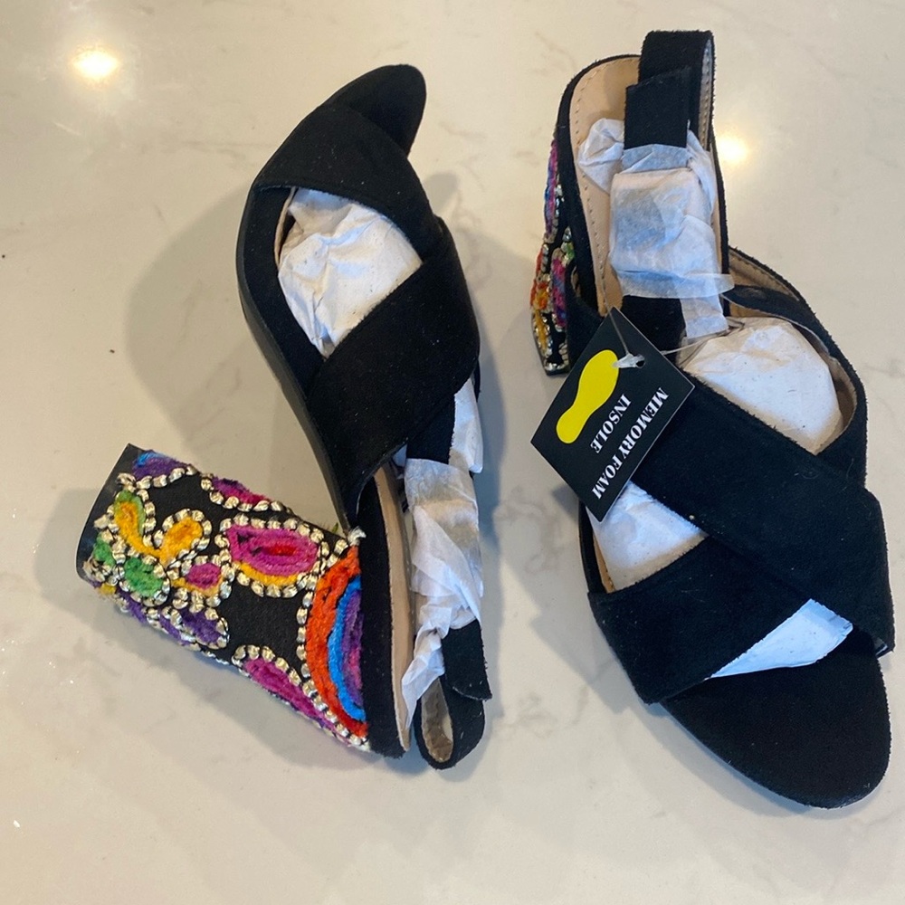 Jacobies black BANDA-1 block heel  faux suede sling back sandals 8  NEW in box